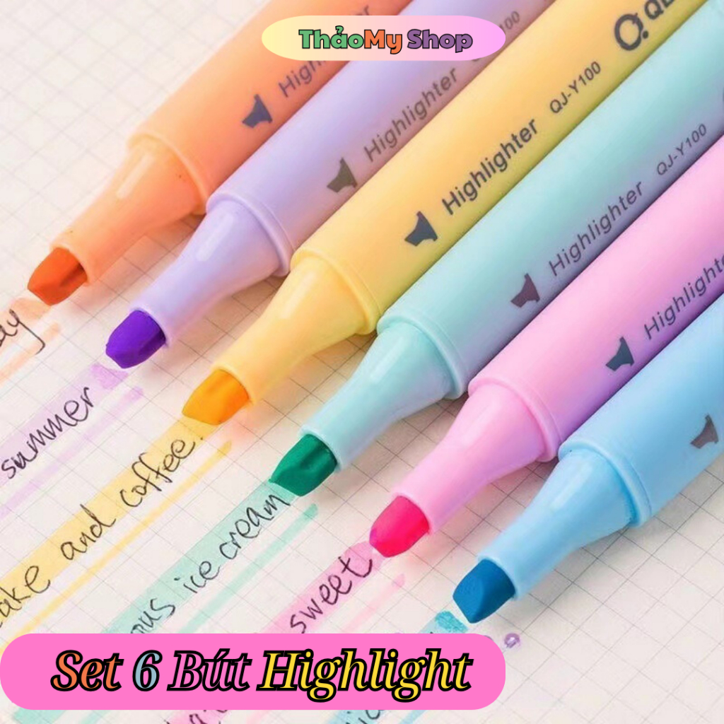 Bộ 6 bút highlight bút dạ quang màu pastel bút nhớ dòng trang trí sổ ...