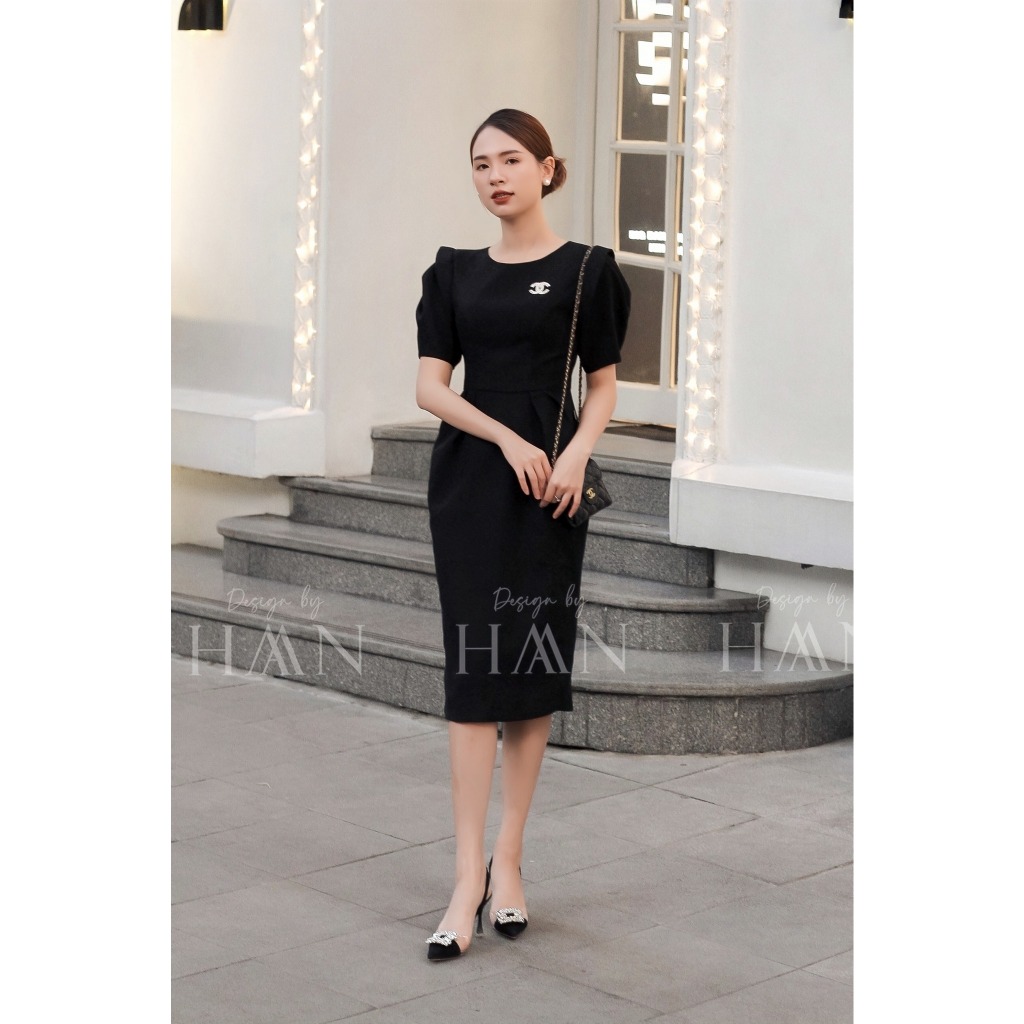 Váy công sở dáng dài HAAN DESIGN bo eo tay phồng kèm tag áo chất liệu chéo hàn cao cấp mềm mại 3 màu (V01)