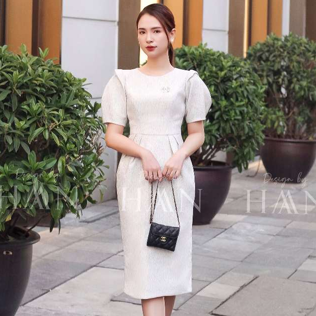 Váy công sở dáng dài HAAN DESIGN bo eo tay phồng kèm tag áo chất liệu chéo hàn cao cấp mềm mại 3 màu (V01)