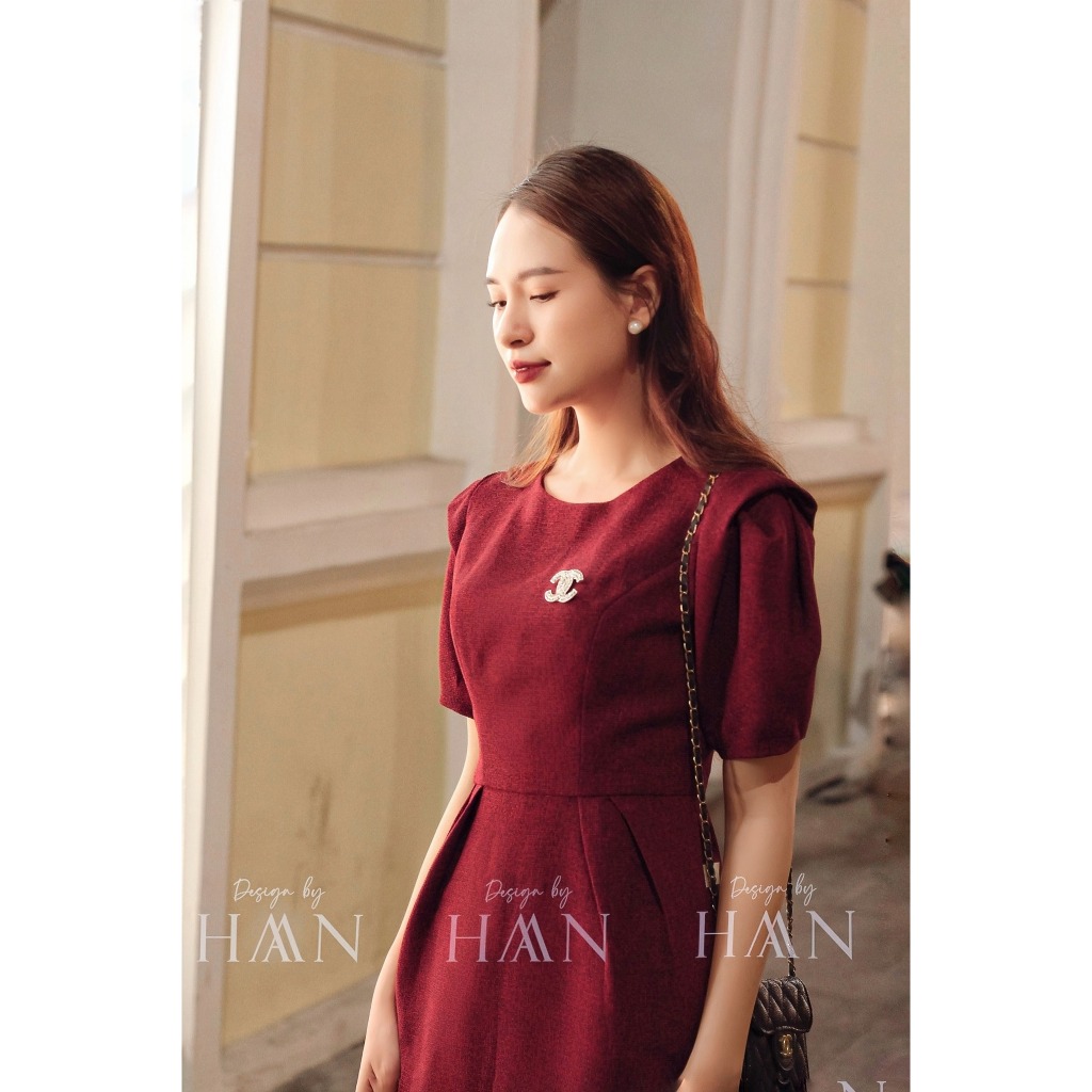 Váy công sở dáng dài HAAN DESIGN bo eo tay phồng kèm tag áo chất liệu chéo hàn cao cấp mềm mại 3 màu (V01)