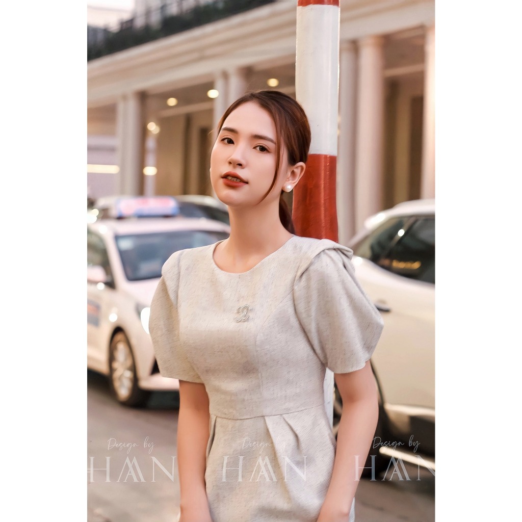 Váy công sở dáng dài HAAN DESIGN bo eo tay phồng kèm tag áo chất liệu chéo hàn cao cấp mềm mại 3 màu (V01)