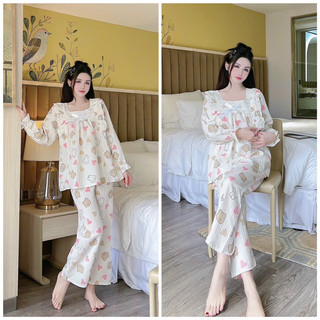 Bộ bầu - bộ sau sinh - BỘ DÀI ĐŨI GÂN HÌNH CỔ VUÔNG REN - 13 Màu , Quần Có Chun Rút Tùy Chỉnh & Áo Có Khóa Ti