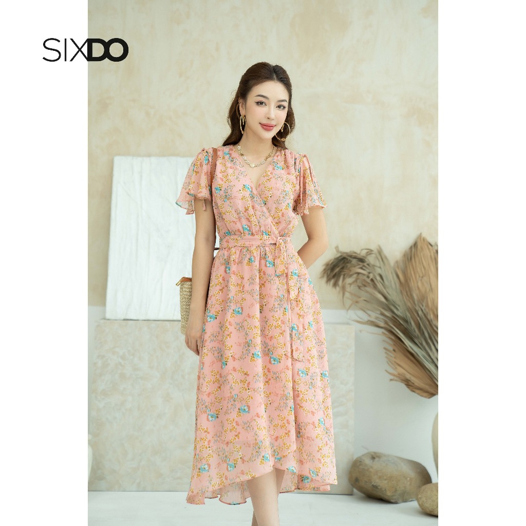 Đầm midi voan hoa cổ V SIXDO Salmon Floral Midi Voile Dress 1