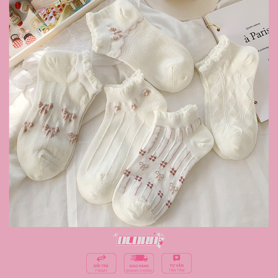 Set 5 đôi tất vớ nữ cổ ngắn mẫu tổng hợp, chất liệu mềm mại êm chân, mềm mỏng thoáng mát