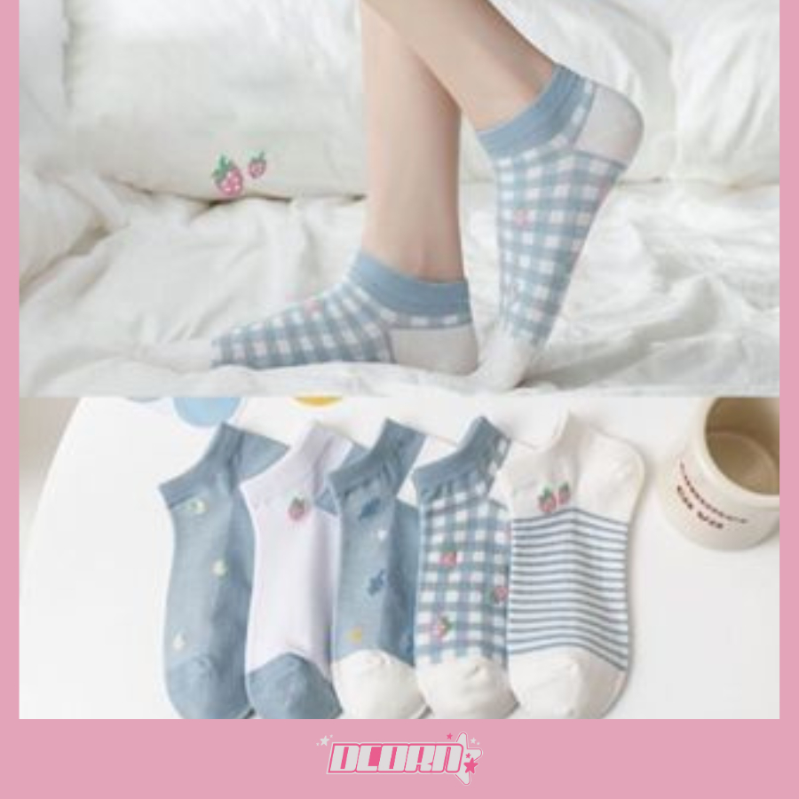 Tất cổ cao nữ set 5 đôi họa tiết cute, vớ nữ chất liệu vải cotton co giãn bốn chiều - Hot Store