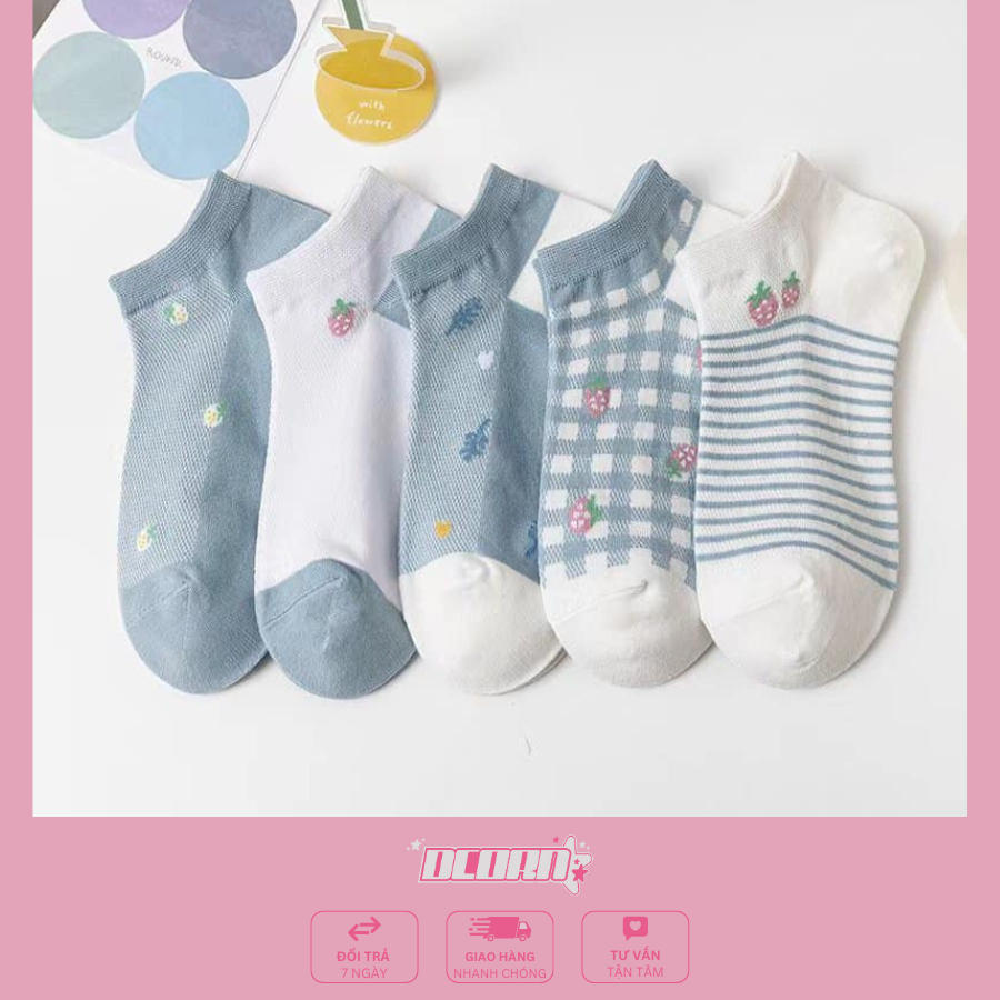 Tất cổ cao nữ set 5 đôi họa tiết cute, vớ nữ chất liệu vải cotton co giãn bốn chiều - Hot Store