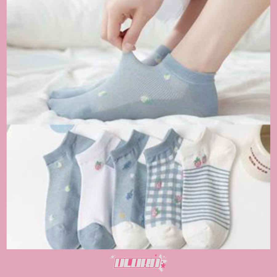 Tất cổ cao nữ set 5 đôi họa tiết cute, vớ nữ chất liệu vải cotton co giãn bốn chiều - Hot Store