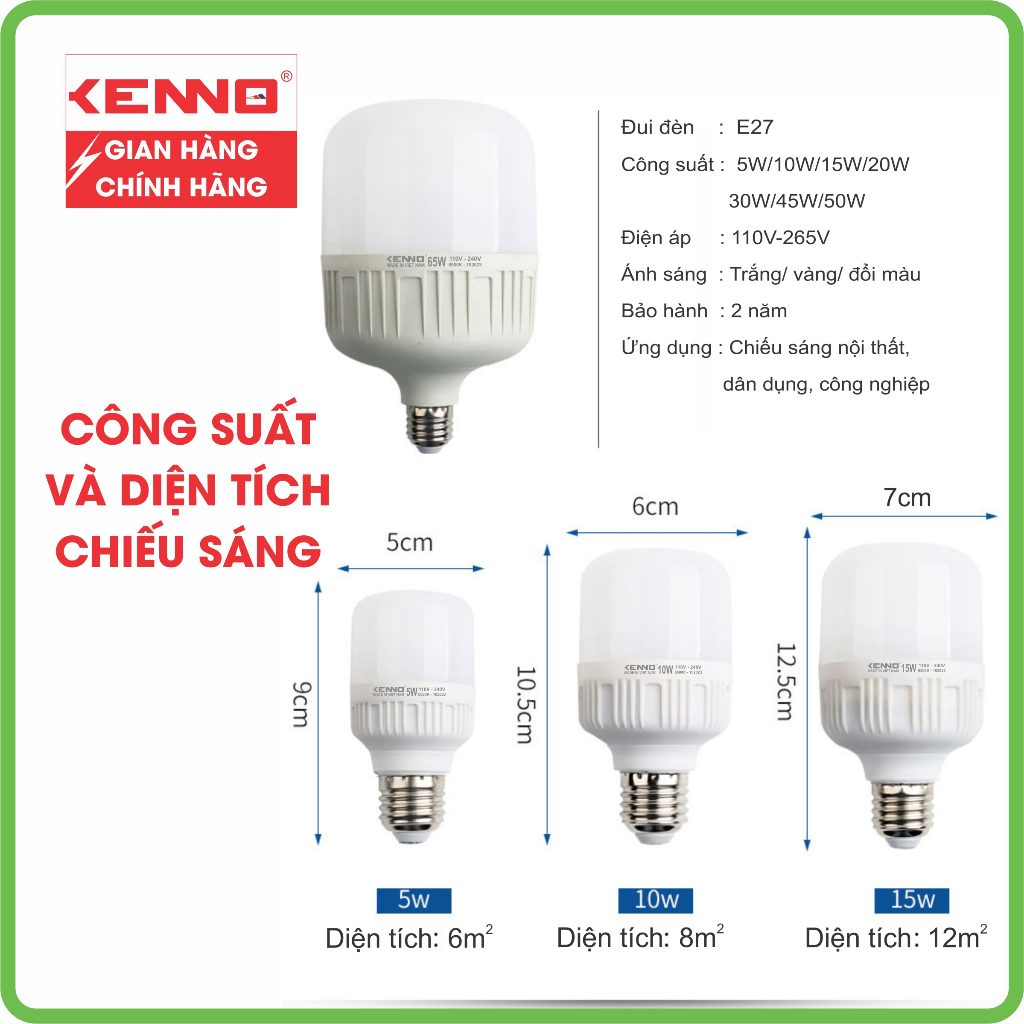 Đèn Led bulb trụ kín nước siêu sáng, siêu tiết kiệm Kenno công suất 5W, 10W, 15W