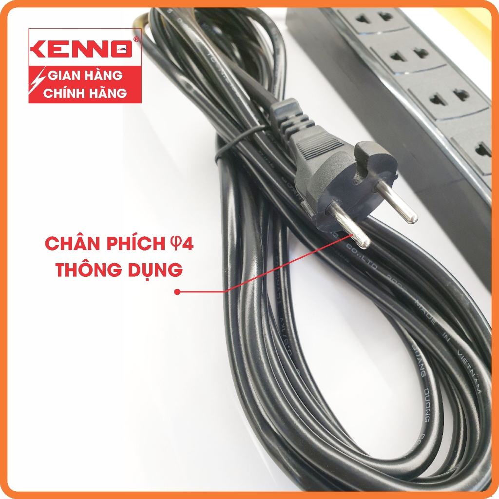 Ổ cắm 6 lỗ lõi sứ 4 tròn dẹt và 2 đa năng dây nguồn 2,5m và 4.5m Công suất  2200W