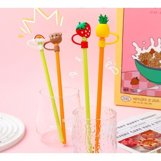 Combo 1 Ống hút nhựa PP có  nắp  sticker silicone và 1 cọ rửa loại tốt - dụng cụ uông nước