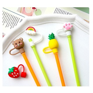 Combo 1 Ống hút nhựa PP có  nắp  sticker silicone và 1 cọ rửa loại tốt - dụng cụ uông nước