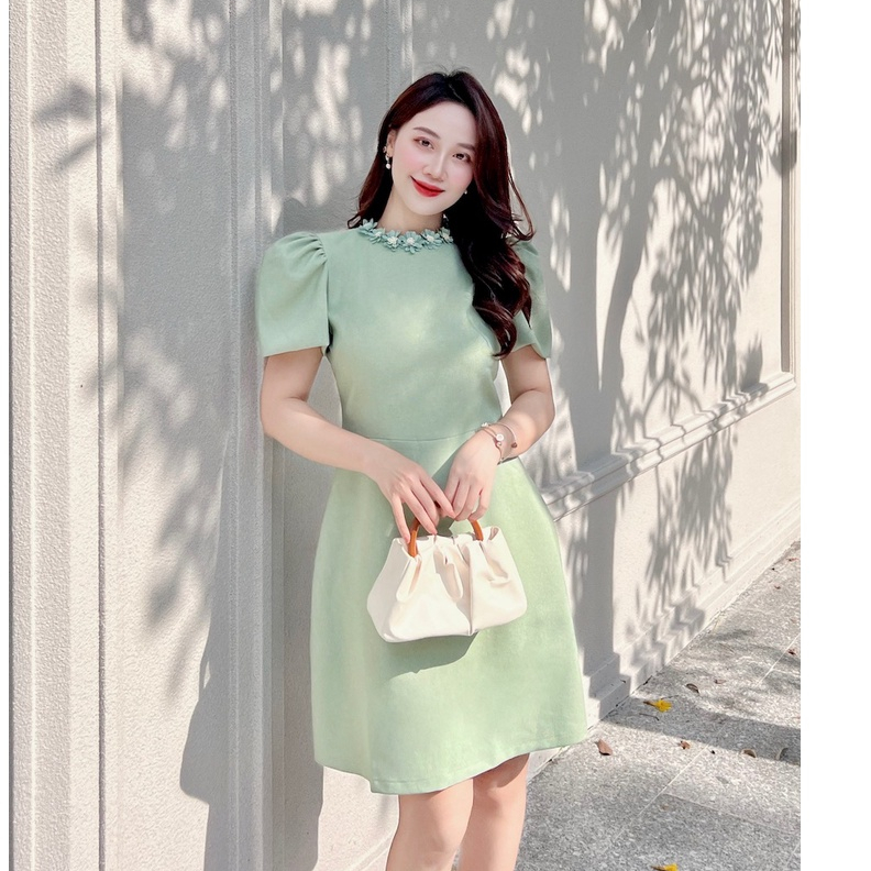 RẬP – Đầm Xanh Tay Phồng Cổ Đính Hoa – SHINE 04 MINT