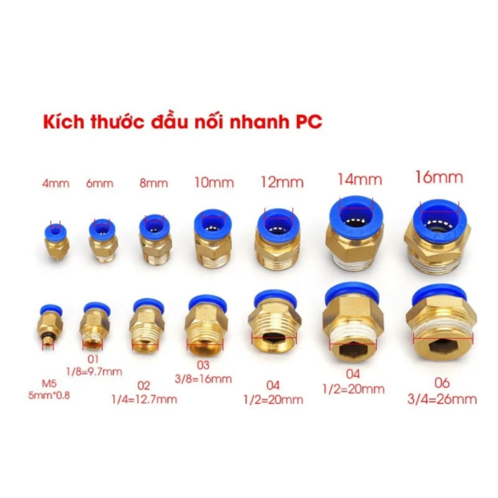 Đầu nối nhanh khí nén PC xanh, cút nối hơi khí nén, đầu nối hơi khí nén.
