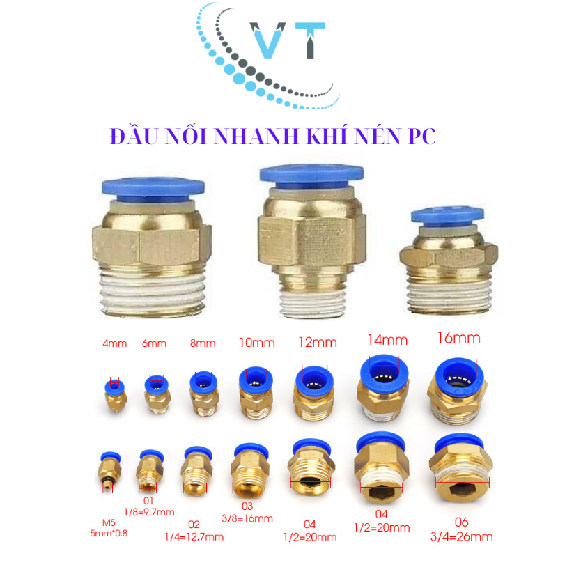 Đầu nối nhanh khí nén PC xanh, cút nối hơi khí nén, đầu nối hơi khí nén.