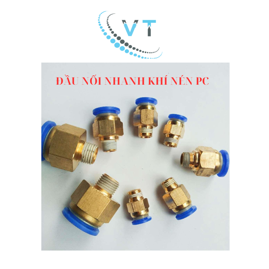 Đầu nối nhanh khí nén PC xanh, cút nối hơi khí nén, đầu nối hơi khí nén.