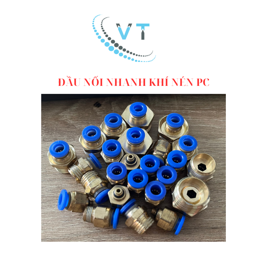 Đầu nối nhanh khí nén PC xanh, cút nối hơi khí nén, đầu nối hơi khí nén.