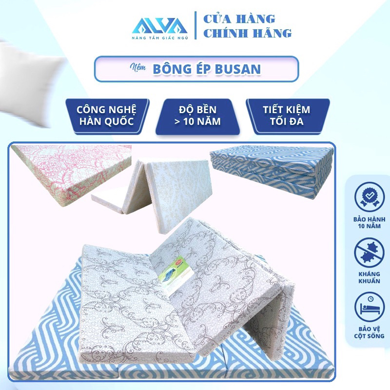 [FREESHIP] Nệm bông ép HQ gấp 3 Alva Busan dòng cao cấp CLASSIC áo gầm thun Indo nhập khẩu, hỗ trợ chống đau lưng