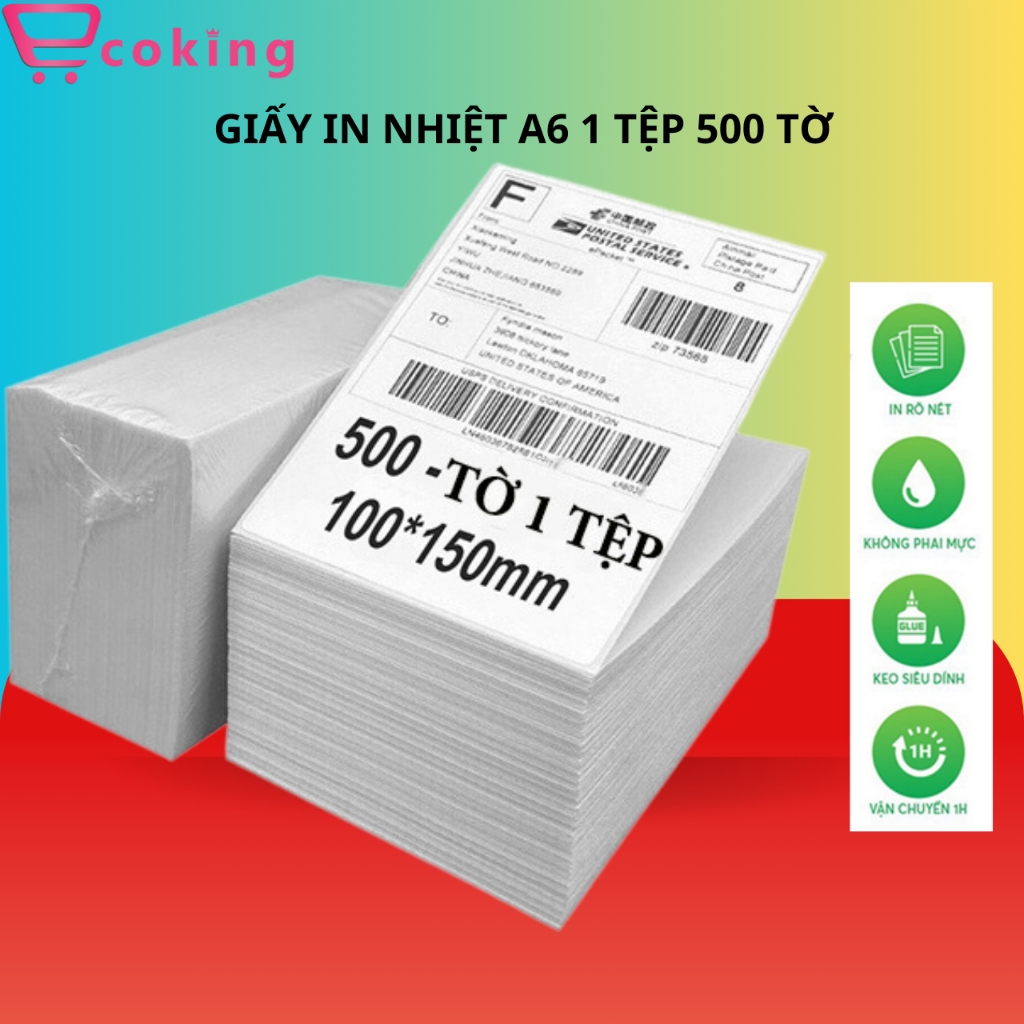 Giấy in nhiệt A6 ECOKING dcal tự dính 500 tờ 1 tệp dành cho tất cả dòng ...
