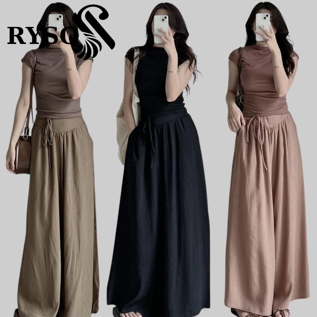 Quần đũi ống rộng nữ RYSO FASHION dáng suông lưng cao dây thắt nơ túi trước vải đũi mềm dày dặn dáng culottes dài xoè spe