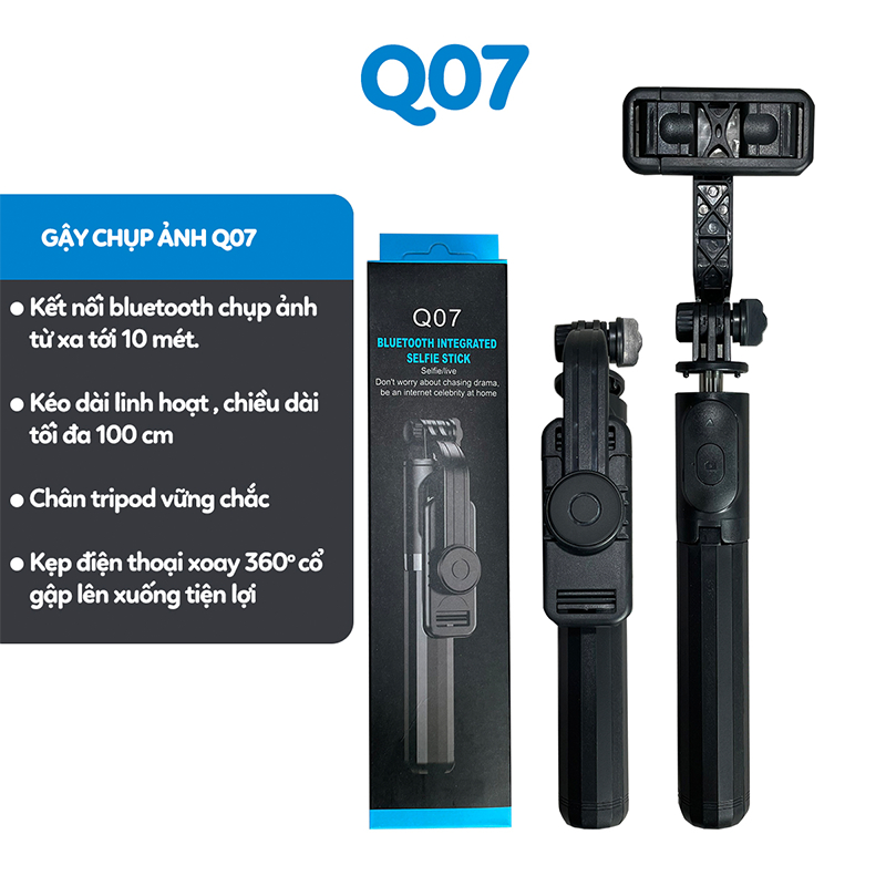 Gậy Chụp Ảnh 3 Chân Q07 100cm kèm Remote Chụp Hình từ xa – Gậy Tự Sướng Selfie – Trippod đa năng – Giá Đỡ Livestream