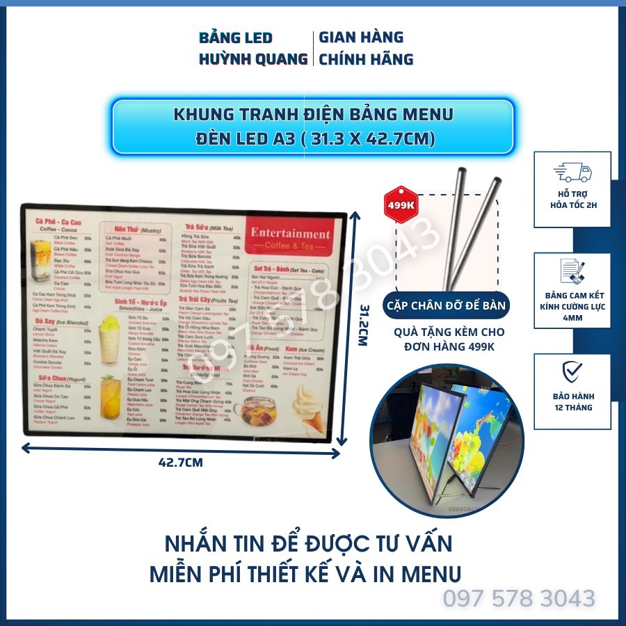 Bảng Hộp Đèn Led Menu A3 (31x42cm), Khung Tranh Điện Để Bàn, Treo Tường ...
