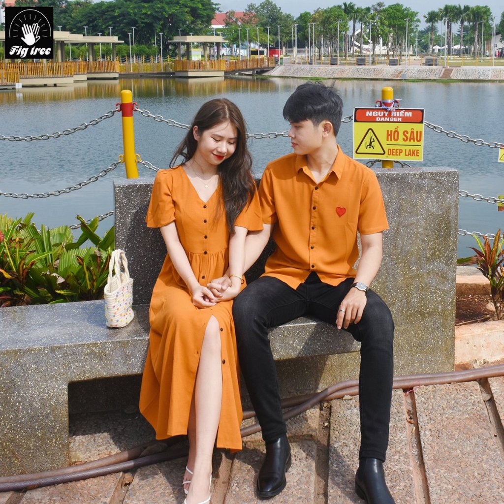 Set Áo Váy Đồ Đôi Fig Tree Màu Cam Đũi Cho Couple Đi Chơi, Du Lịch ,Chụp Hình Cưới ( Hàng thiết kế)