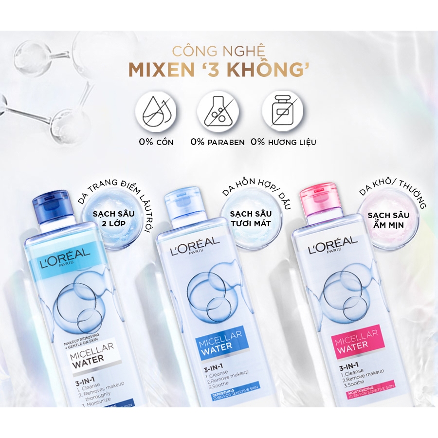 Nước tẩy trang làm sạch, dưỡng ẩm cho mọi loại da Loreal L’Oreal 3-in-1 Micellar Water 400ml