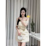 Váy Trễ Vai Dáng Ngắn LECOONG V464 Đầm Dự Tiệc Chất Tơ Xếp Tầng Xám Be — ảnh 2