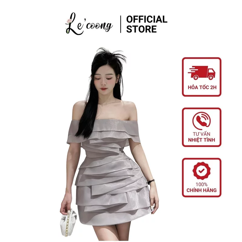 Váy Trễ Vai Dáng Ngắn LECOONG V464 Đầm Dự Tiệc Chất Tơ Xếp Tầng Xám Be — ảnh 1
