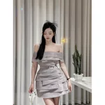 Váy Trễ Vai Dáng Ngắn LECOONG V464 Đầm Dự Tiệc Chất Tơ Xếp Tầng Xám Be — ảnh 7