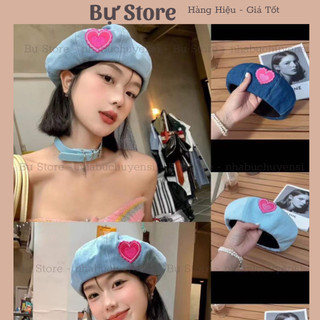 Nón / mũ nồi beret chất jean demin họa tiết trái tim hồng baby dễ thương - Bự Store