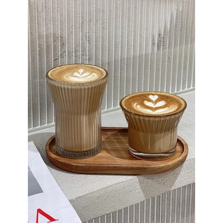 Bộ 6 Ly thủy tinh 175ml 300ml, cốc miệng loe sọc  chịu nhiệt có đai gỗ dùng uống cà phê, trà
