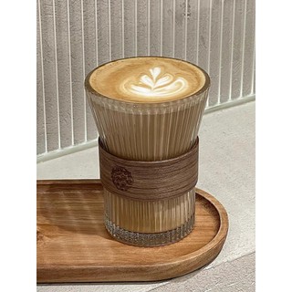Bộ 6 Ly thủy tinh 175ml 300ml, cốc miệng loe sọc  chịu nhiệt có đai gỗ dùng uống cà phê, trà