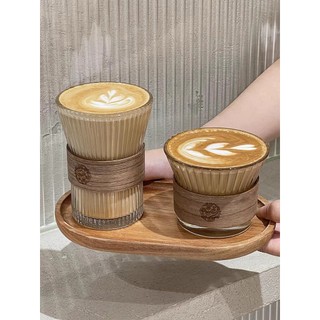Bộ 6 Ly thủy tinh 175ml 300ml, cốc miệng loe sọc  chịu nhiệt có đai gỗ dùng uống cà phê, trà