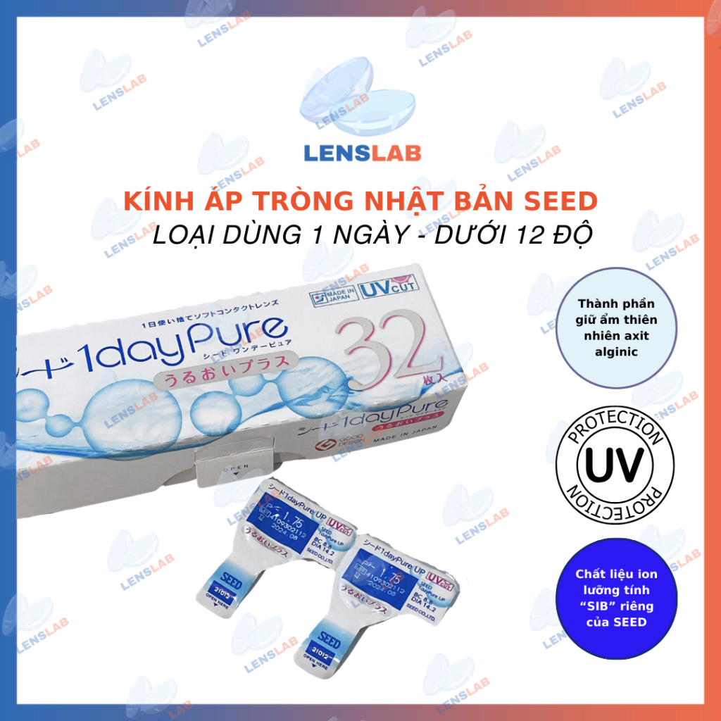 Hộp 32 Miếng | Kính Áp Tròng Cận Thị SEED 1-Day Pure Moisture 1 Ngày (Dưới 12 độ) - Hàng Chính Hãng