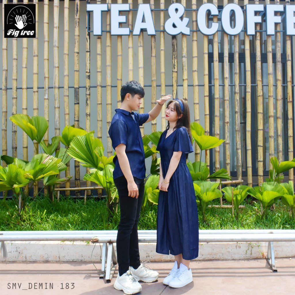 Set Sơ Mi Váy Đôi Fig Tree Mẫu Denim Màu Xanh Đen, Chất Mềm Mịn, Đồ Đôi Du Lịch Ngày Hè Mã 183