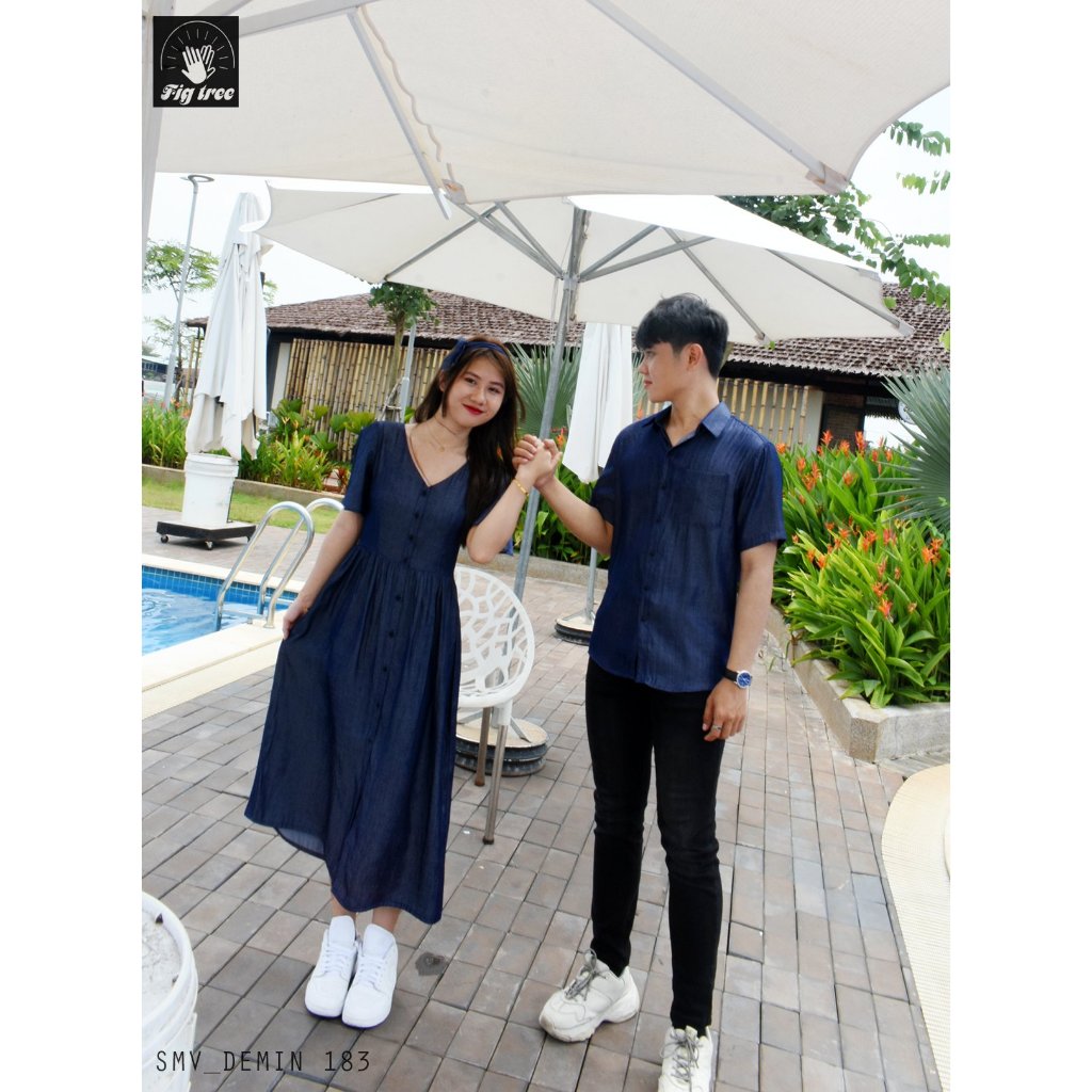 Set Sơ Mi Váy Đôi Fig Tree Mẫu Denim Màu Xanh Đen, Chất Mềm Mịn, Đồ Đôi Du Lịch Ngày Hè Mã 183