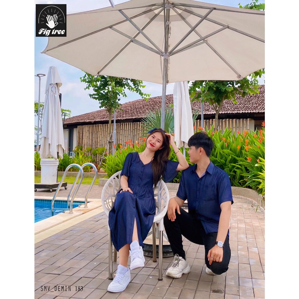 Set Sơ Mi Váy Đôi Fig Tree Mẫu Denim Màu Xanh Đen, Chất Mềm Mịn, Đồ Đôi Du Lịch Ngày Hè Mã 183