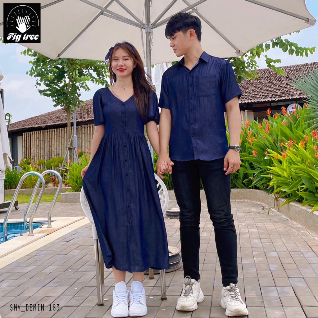 Set Sơ Mi Váy Đôi Fig Tree Mẫu Denim Màu Xanh Đen, Chất Mềm Mịn, Đồ Đôi Du Lịch Ngày Hè Mã 183
