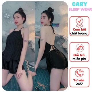 Đồ ngủ sexy yếm dập ly chất liệu phi lụa mềm mịn kèm quần phối ren gợi cảm CARY