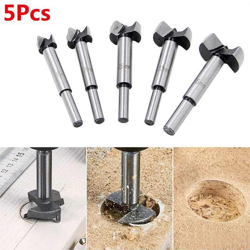 Bộ 5 mũi khoét gỗ 15-35mm chuôi tròn, mũi khoan gỗ lưỡi hợp kim