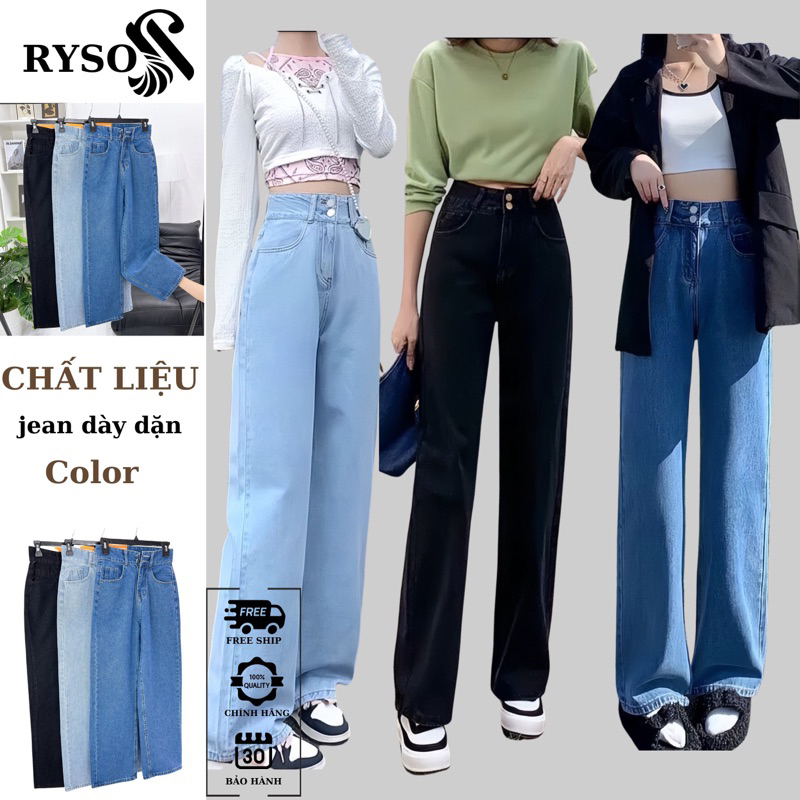 Quần Jean Nữ Ống Rộng Lưng Cao Phong Cách Ulzzang Năng Động, RYSO FASHION Quần Bò Dày Dặn 2 Màu Xanh Đậm Và Nhạt , Đen spe