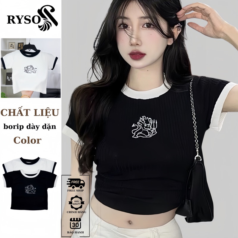 Áo Croptop Khủng Long RYSO FASHION dáng Ôm Body Nữ Cổ Tròn Tay Ngắn Kiểu Thêu Họa Tiết chất borip spe