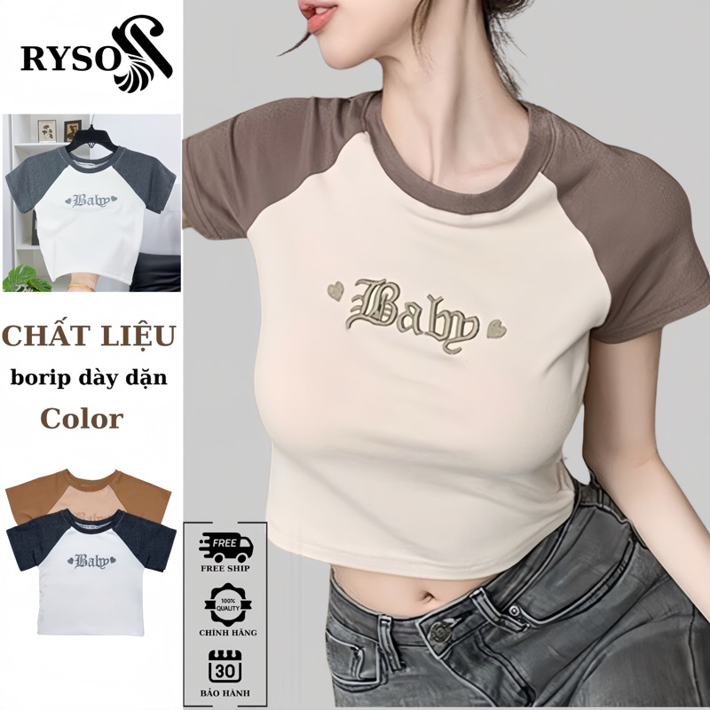 Áo Croptop Thun Ôm Body Tay Ngắn RYSO FASHION Kiểu Sexy Thêu Họa Tiết Phối Tay Chất Thun Gân Siêu Dày spe