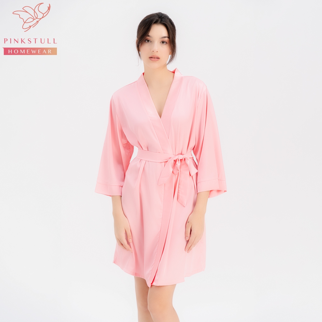 Áo choàng lụa Pijama Pink Stull hồng trơn Freesize