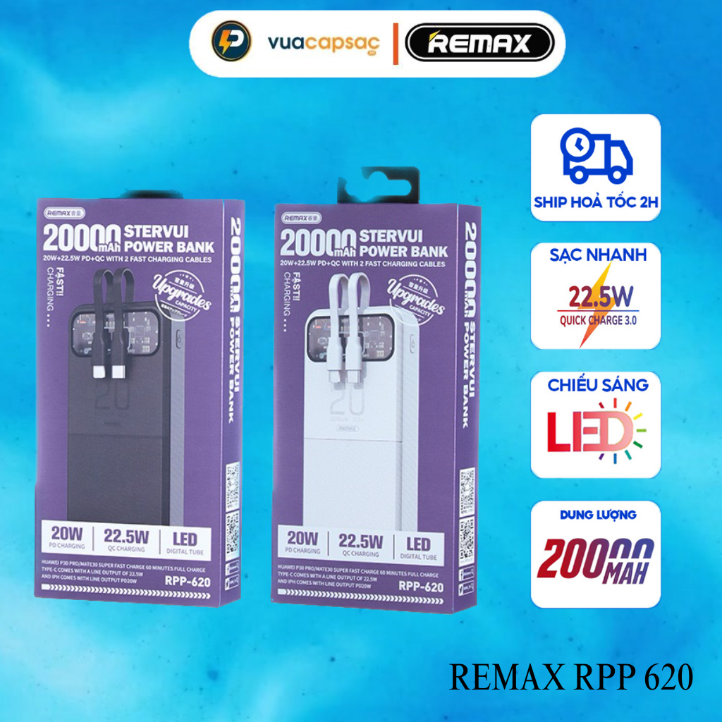Sạc dự phòng Remax 20000mAh tích hợp 2 dây sạc type c 22,5w - 20w - Vua ...
