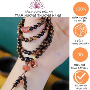 Chuỗi/vòng tay trầm hương sánh chìm thật 6ly 108 hạt mix ngũ điếu màu hồng nhạt và túi tiền 10 ka-Trầm hương Hội an..