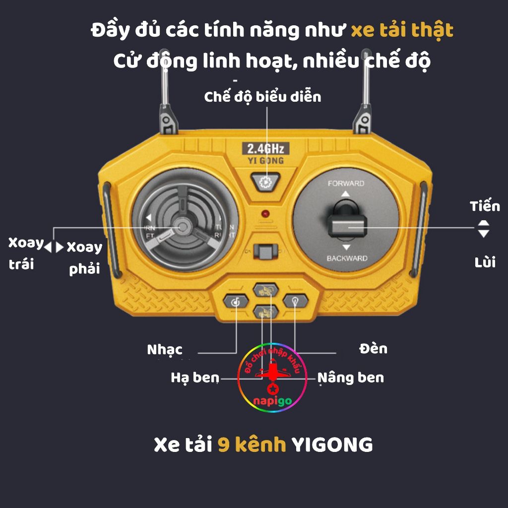 Xe tải điều khiển từ xa YIGONG 9 kênh thùng hợp kim, đồ chơi cho bé, xe công trình NAPIGO