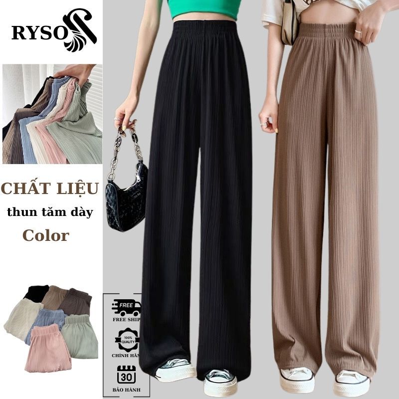 Quần ống rộng nữ vải tăm rủ co giãn cạp chun lưng cao RYSO FASHION Ống Suông Trơn Viền Gân Mềm Mát spe