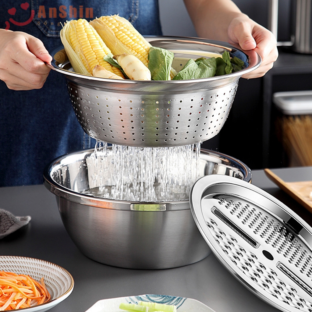 Bộ thau rổ inox không gỉ kèm bàn nạo rau củ có thể đun trên bếp - Hàng ...